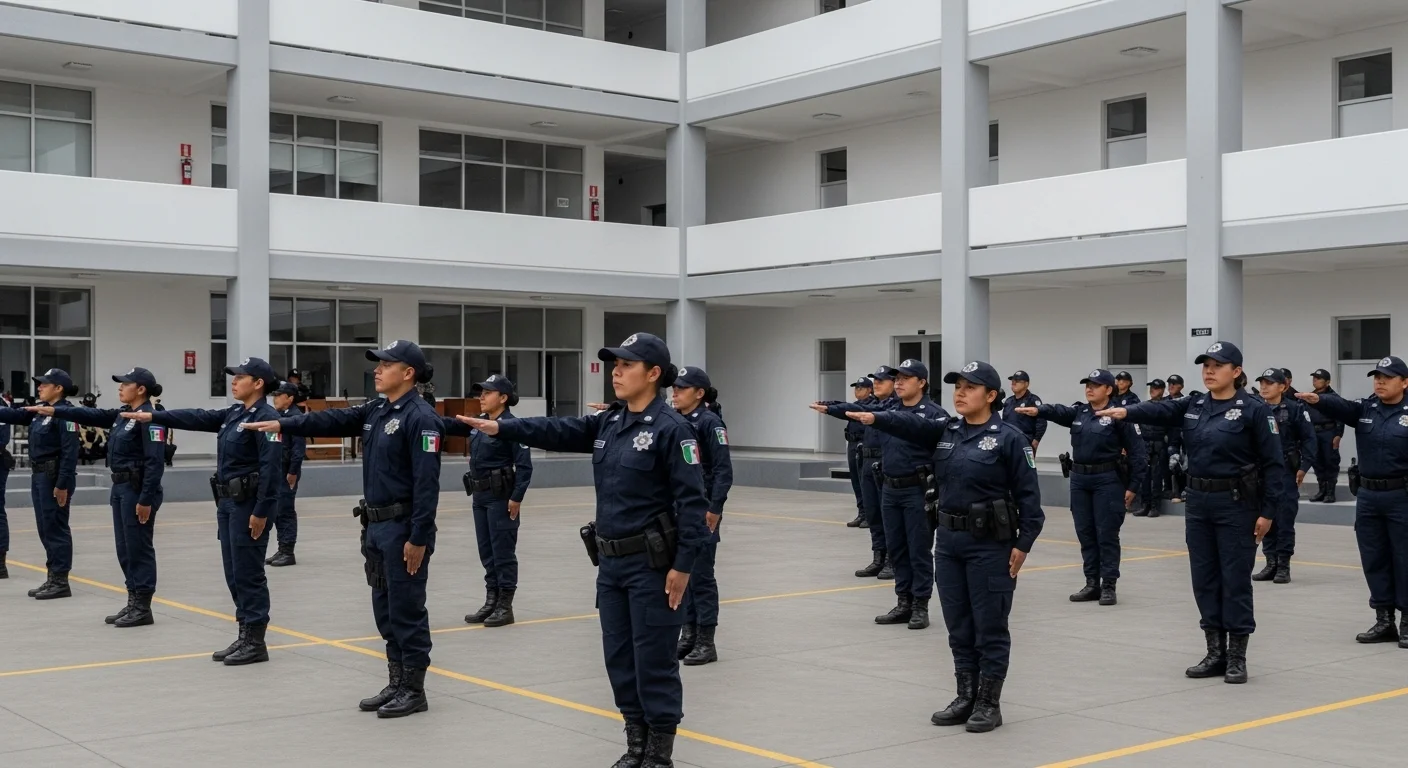 Cadetes de una academia de seguridad municipal en formación, representando la profesionalización de la policía en los municipios de México.