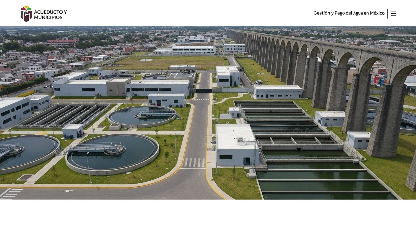 Vista aérea de una planta de tratamiento de agua moderna y una sección de acueducto en un municipio de México, simbolizando la infraestructura hídrica.
