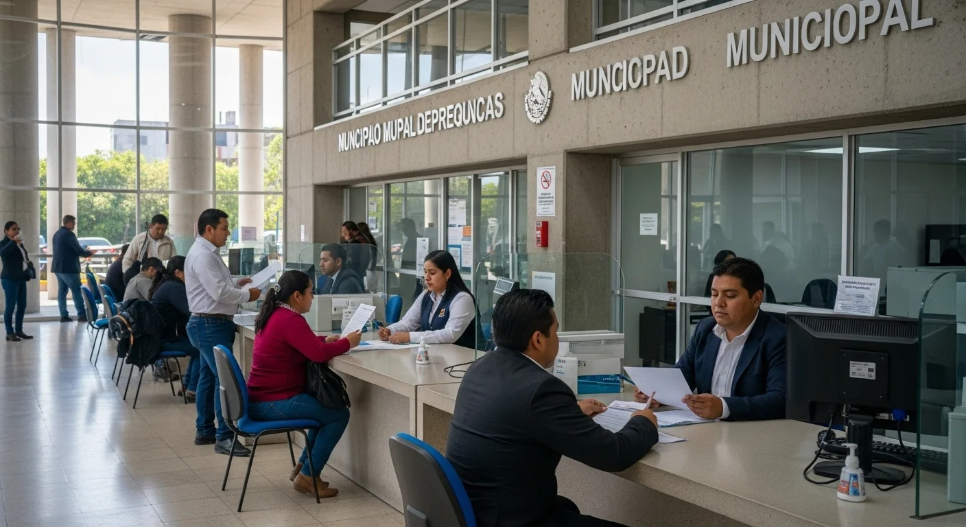 Imagen de una oficina de atención ciudadana de un organismo operador de agua en un municipio mexicano, con ciudadanos realizando trámites.