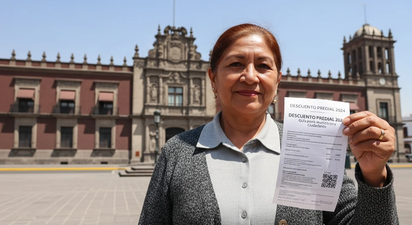 Adulto mayor sonriendo mientras muestra su comprobante de pago con descuento del predial, frente a un palacio municipal en México.