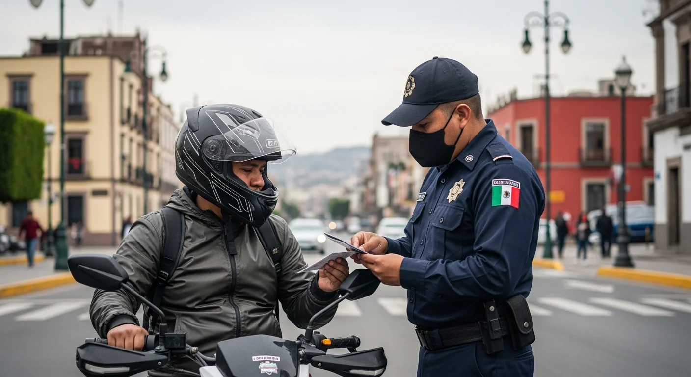 Agente de tránsito de un ayuntamiento mexicano revisando la documentación y el casco de un motociclista, aplicando la ley de transito motos.