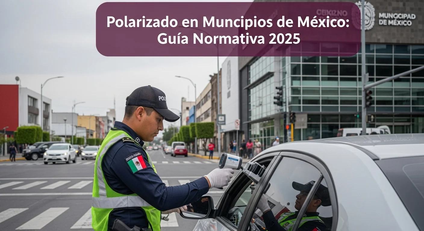 Agente de tránsito municipal de México utilizando un fotómetro para medir el nivel de polarizado en la ventana de un coche, ilustrando la aplicación del reglamento.