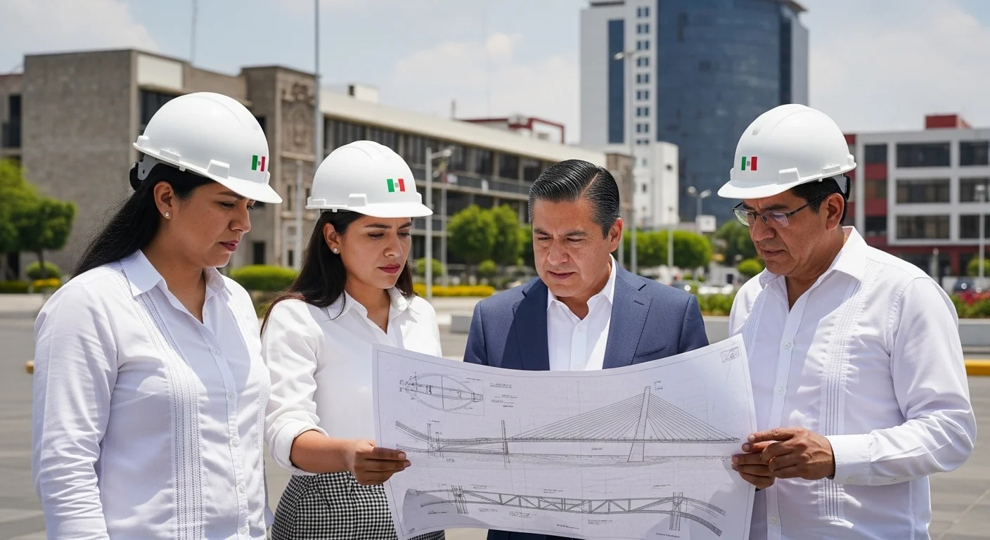 Un alcalde y su equipo revisando planos de obra pública, representando la gestión de los ayuntamientos ante los retos de infraestructura en municipios de México.