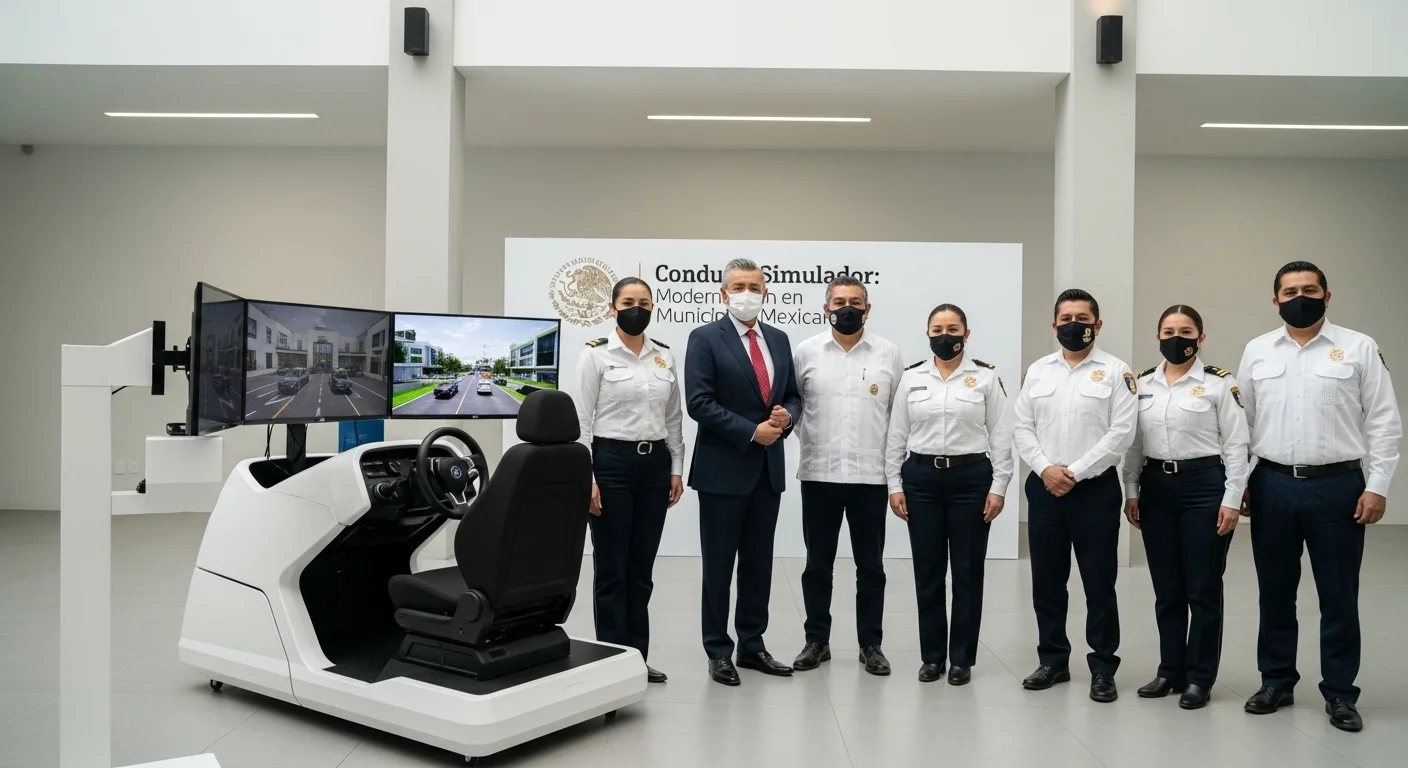 Alcalde de un municipio mexicano en un evento público presentando un nuevo programa de seguridad vial con el simulador de licencia en exhibición.