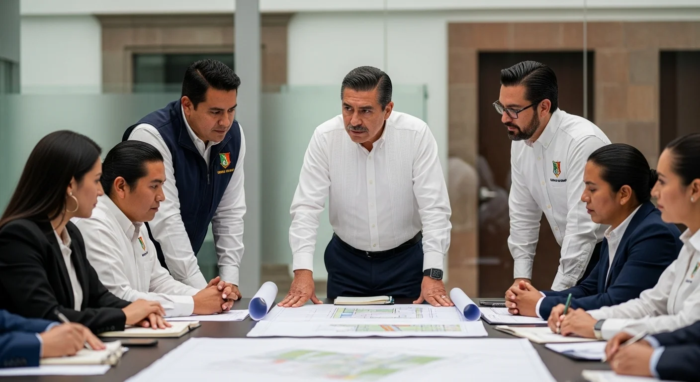 Un alcalde mexicano en una reunión de trabajo con regidores y directores de obras públicas, analizando planos de infraestructura vial y de un ayuntamiento.