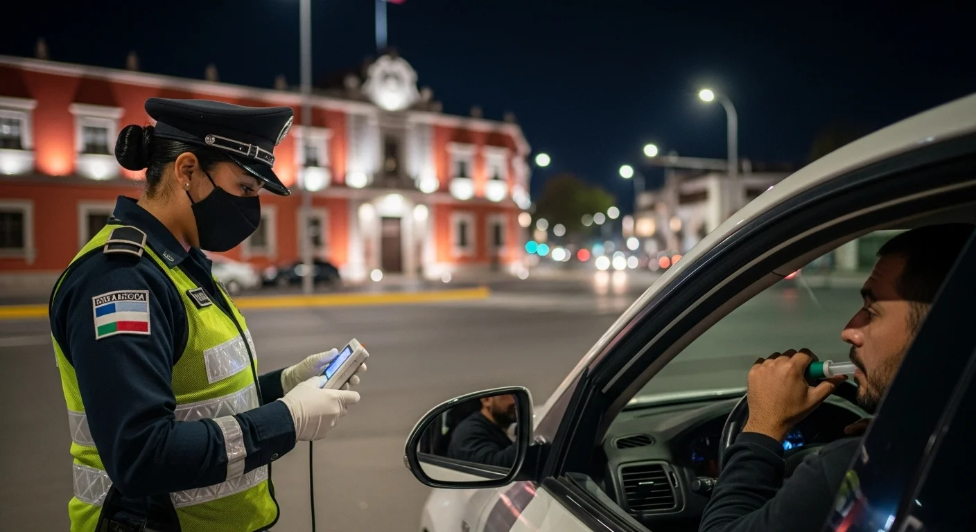 Operativo de alcoholímetro en un municipio, un oficial de tránsito aplica la prueba a un conductor.