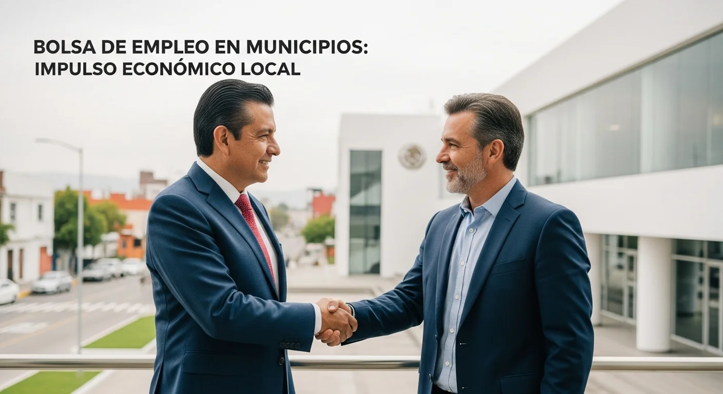 Alcalde de un municipio mexicano estrechando la mano con un empresario local, simbolizando la alianza para generar empleo.
