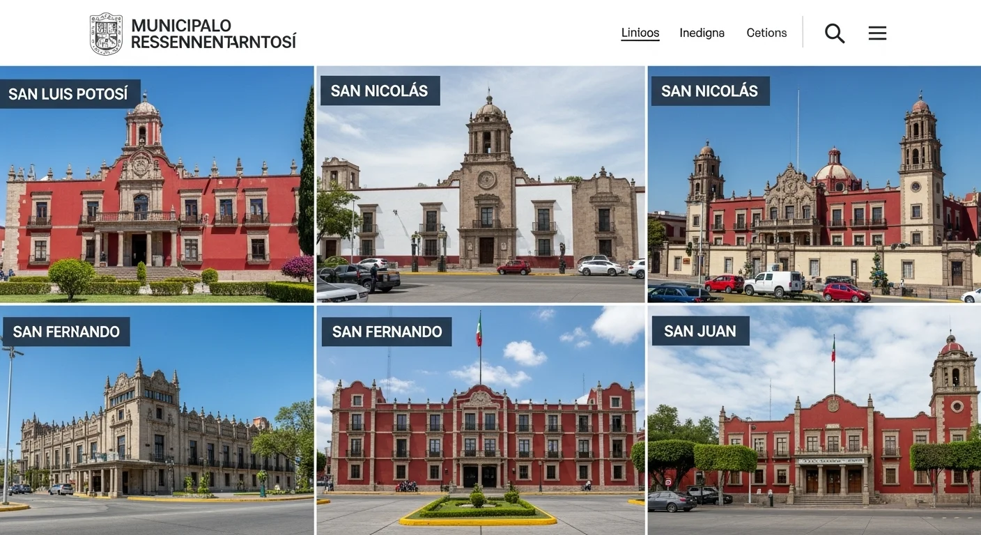 Collage de imágenes representativas de los municipios de San Luis Potosí, San Nicolás, San Fernando y San Juan, mostrando sus palacios municipales y características distintivas.