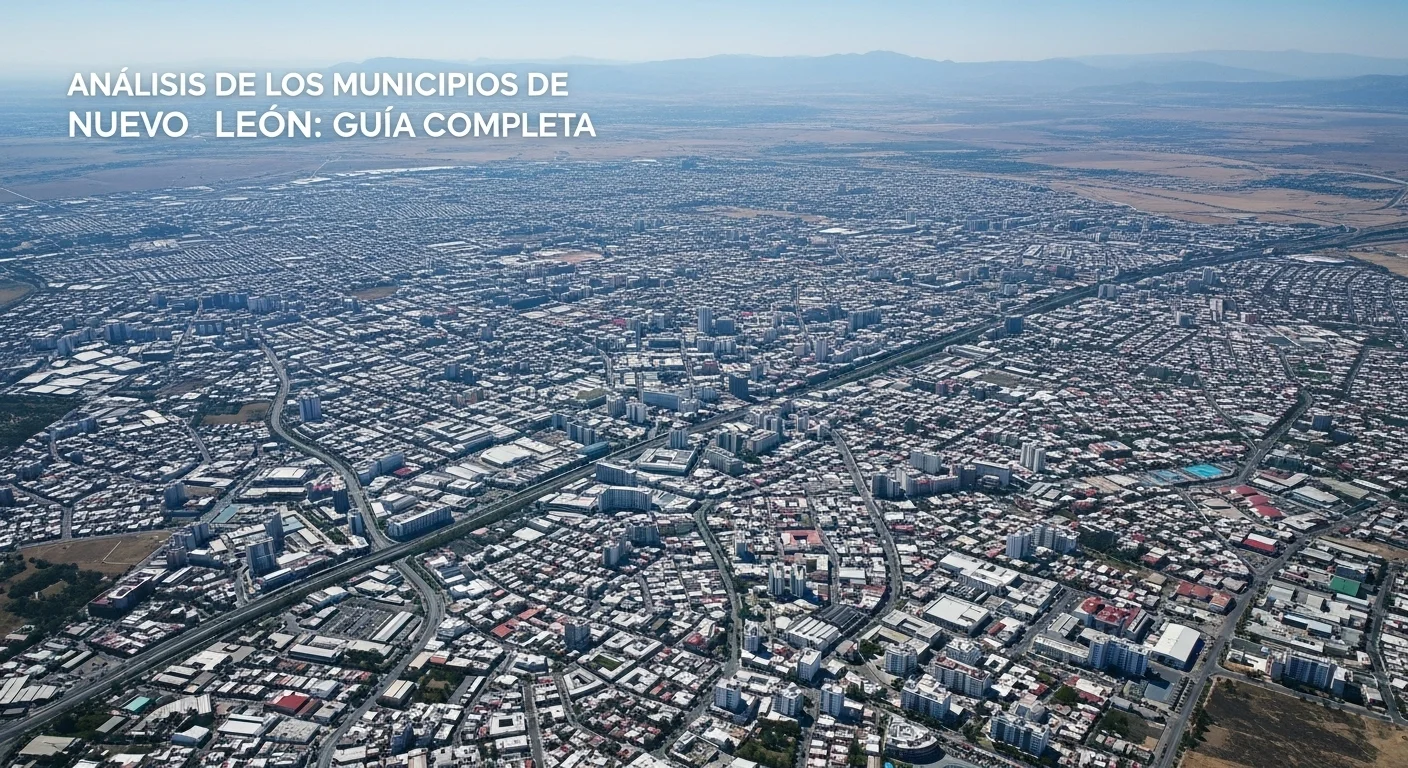 Mapa aéreo de la zona metropolitana de Monterrey, mostrando la densidad urbana y la interacción entre los diferentes municipios de Nuevo León.