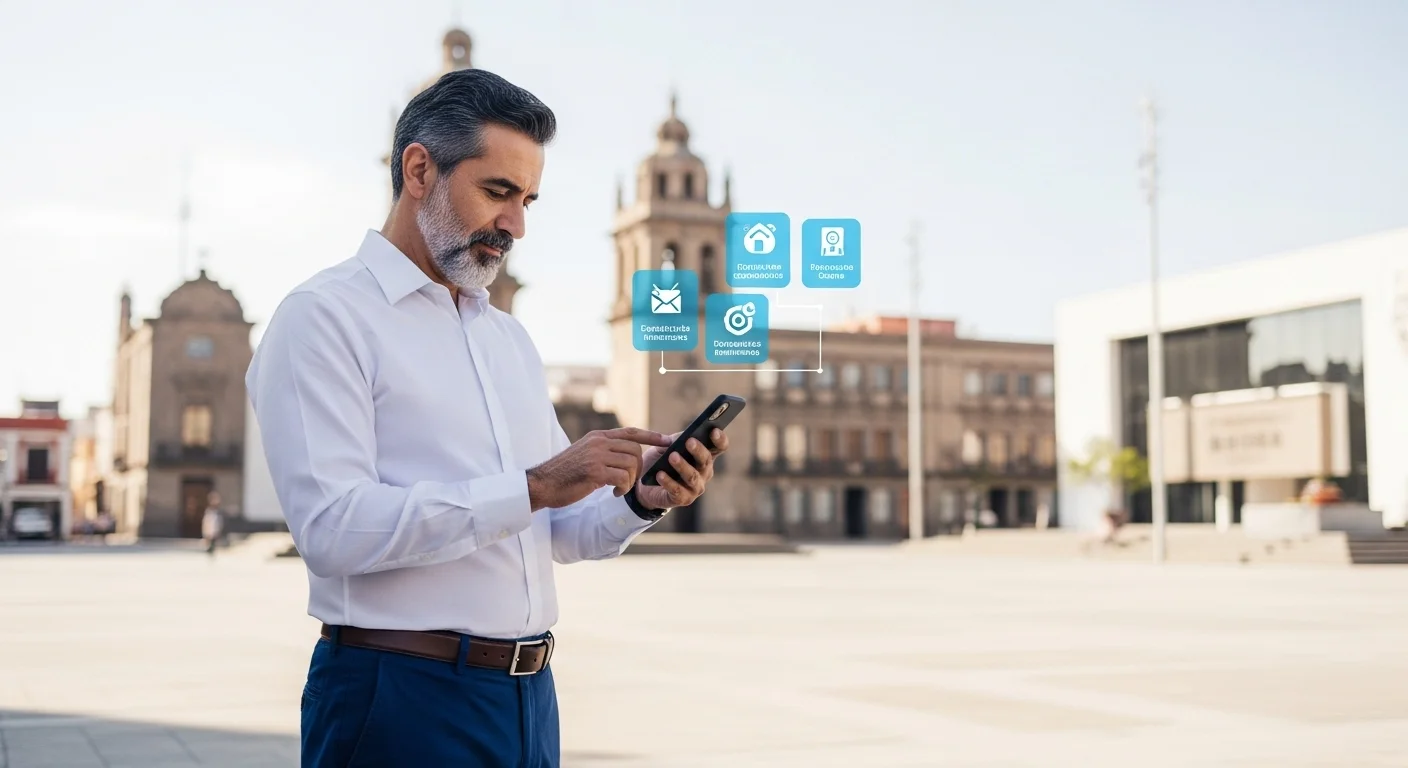 Una persona utilizando su smartphone para acceder al portal de atención ciudadana de un municipio, con iconos de servicios como pago de predial y reportes.