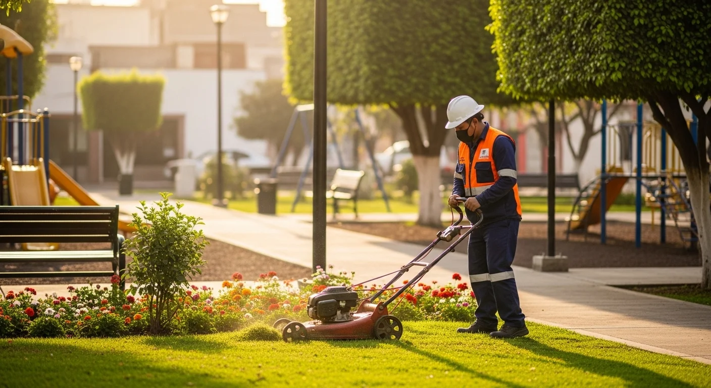 Un trabajador de servicios municipales, en su rol de Ayudante General, realizando labores de mantenimiento en un parque público de un municipio mexicano.