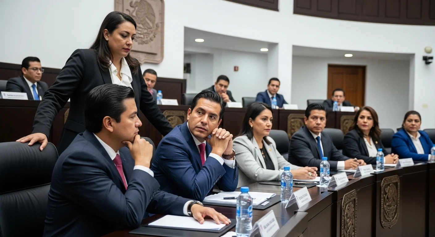 Sesión de cabildo en un ayuntamiento mexicano, con regidores y alcalde debatiendo sobre infraestructura y planes de movilidad urbana.