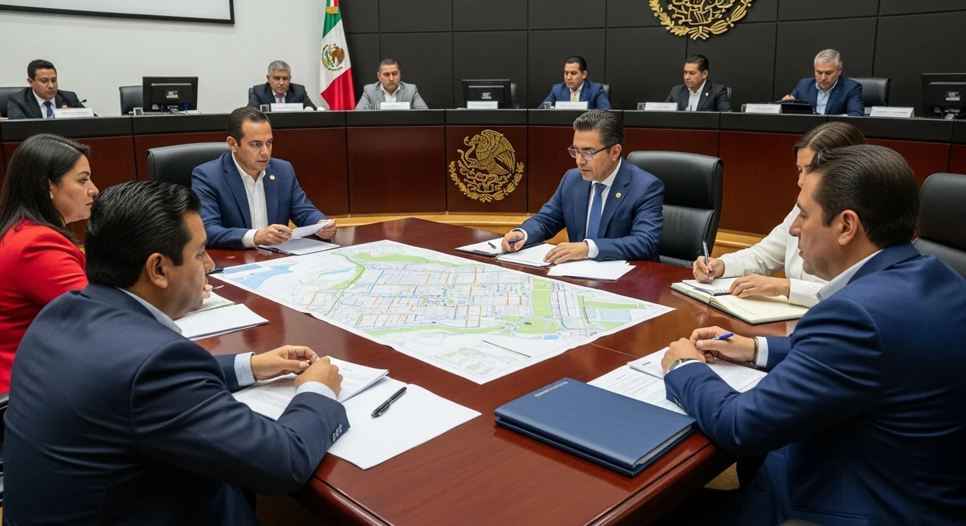 Interior de un cabildo municipal mexicano donde regidores y el alcalde discuten el nuevo reglamento de tránsito 2024, con mapas de la ciudad y documentos sobre la mesa.