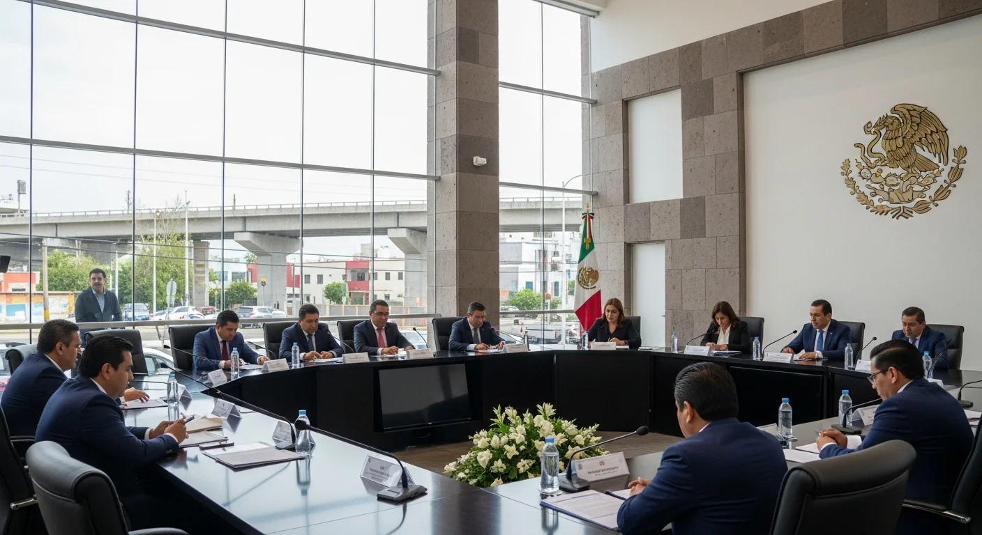 Sesión de cabildo en un ayuntamiento mexicano donde regidores y el alcalde discuten la nueva reglamentación de tránsito municipal.
