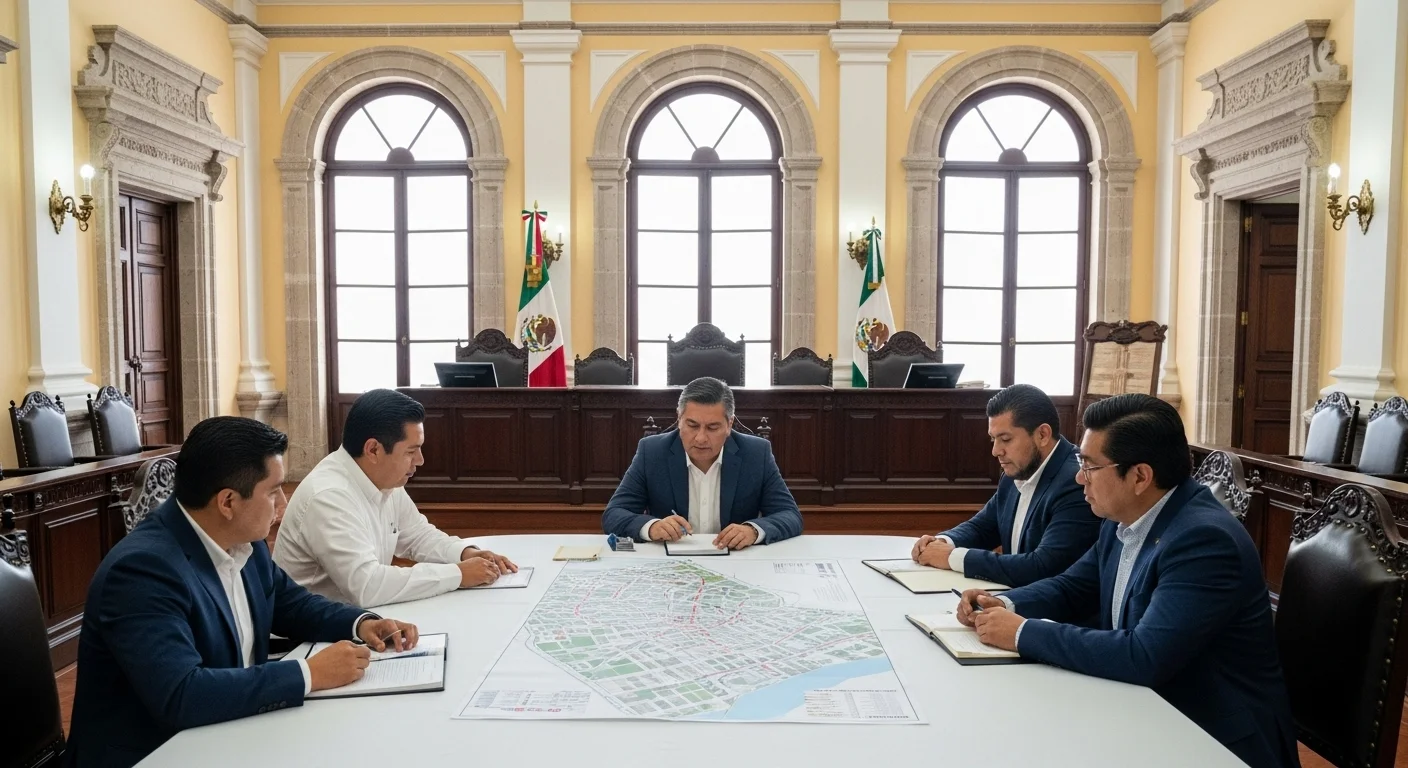 Sesión del cabildo en un ayuntamiento de México, con regidores y alcalde discutiendo la implementación del nuevo reglamento vial.