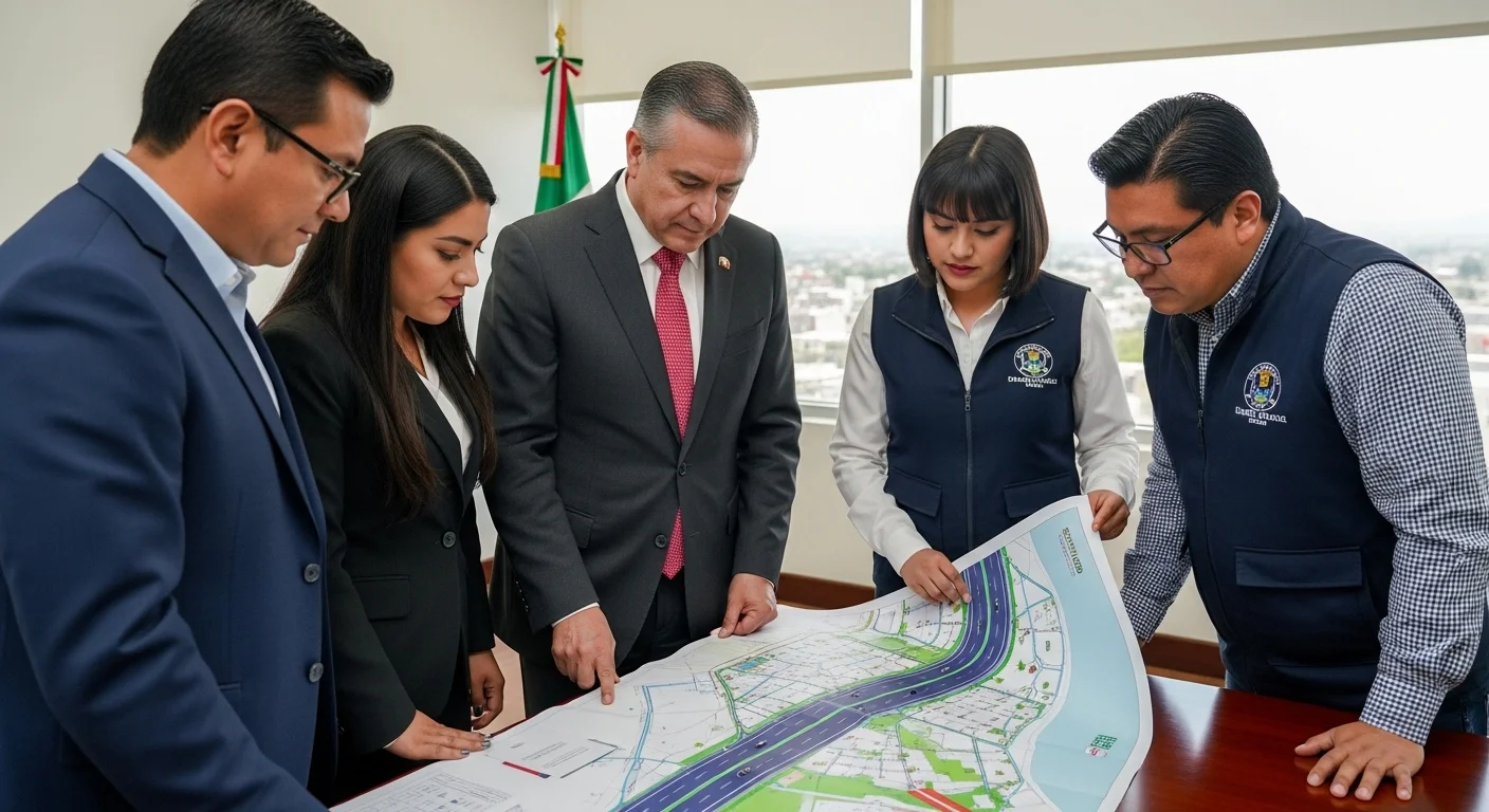Un alcalde y su equipo de regidores revisando un plano de desarrollo urbano que incluye una carretera federal, simbolizando la gestión municipal.