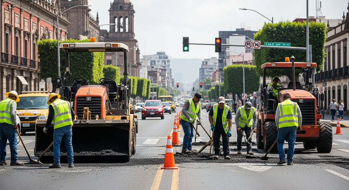 Trabajadores de un ayuntamiento municipal realizando obras de mantenimiento en una calle concurrida.