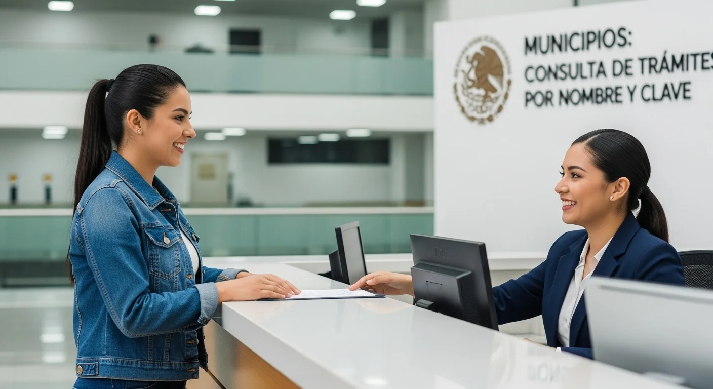 Una persona siendo atendida en un mostrador de atención ciudadana dentro de un palacio municipal en México, reflejando el proceso de consulta de trámites.