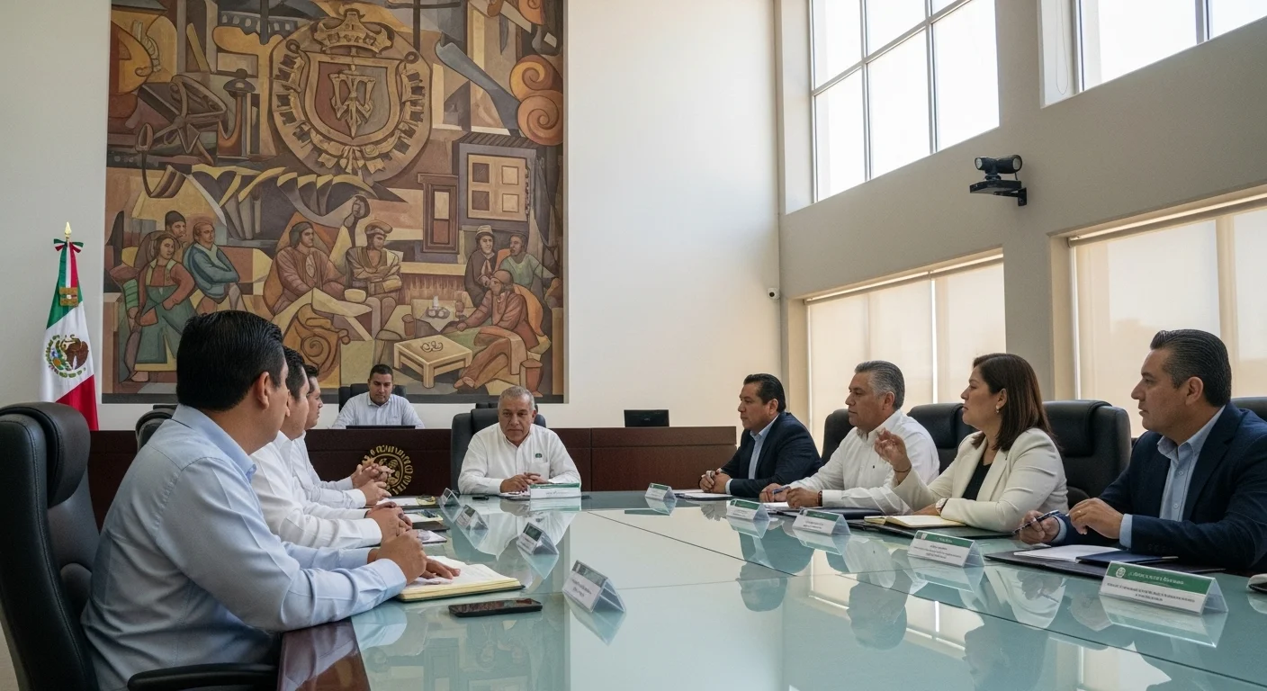 Sesión de cabildo en un ayuntamiento mexicano, donde regidores y alcalde discuten políticas municipales como la ley de tránsito