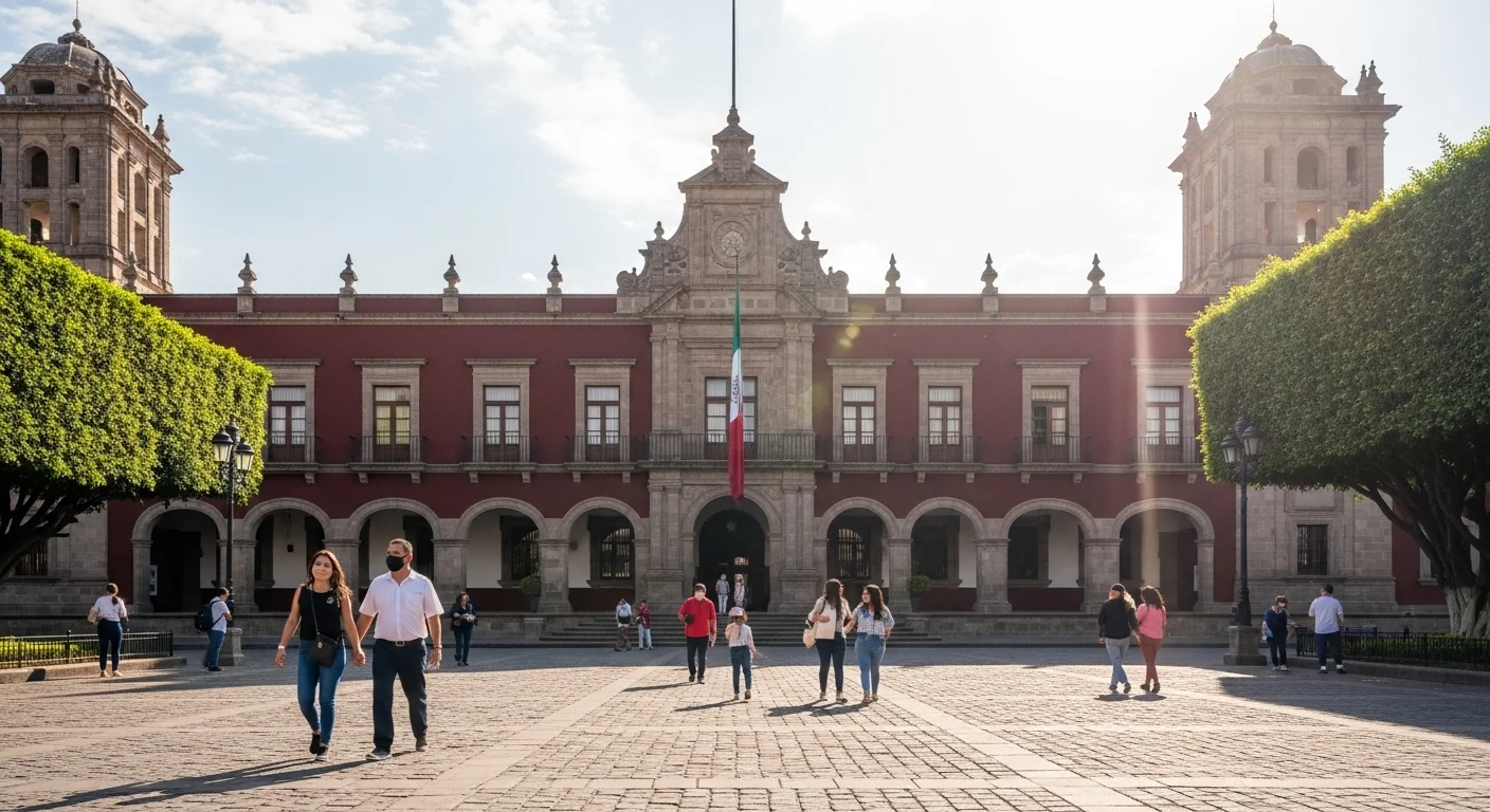 Fachada de un palacio municipal mexicano con ciudadanos caminando, simbolizando las oportunidades de trabajo medio en los municipios.