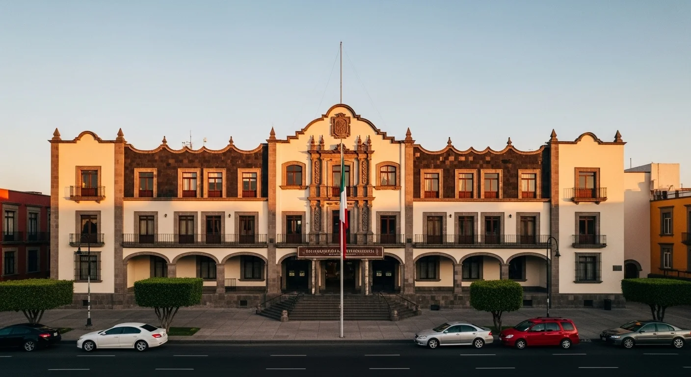 Fachada de un palacio municipal mexicano, simbolizando la responsabilidad del ayuntamiento en la gestión de servicios públicos como el tránsito vehicular.