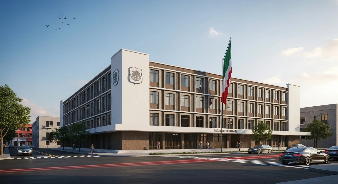 Vista de un palacio municipal o ayuntamiento en México, simbolizando la gestión de infraestructura para el examen de conducir.