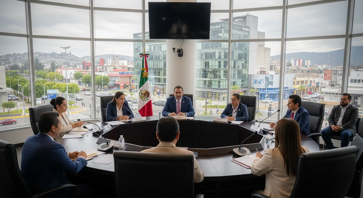 Sesión de cabildo en un ayuntamiento de México, donde el alcalde y los regidores discuten el plan de desarrollo urbano municipal.