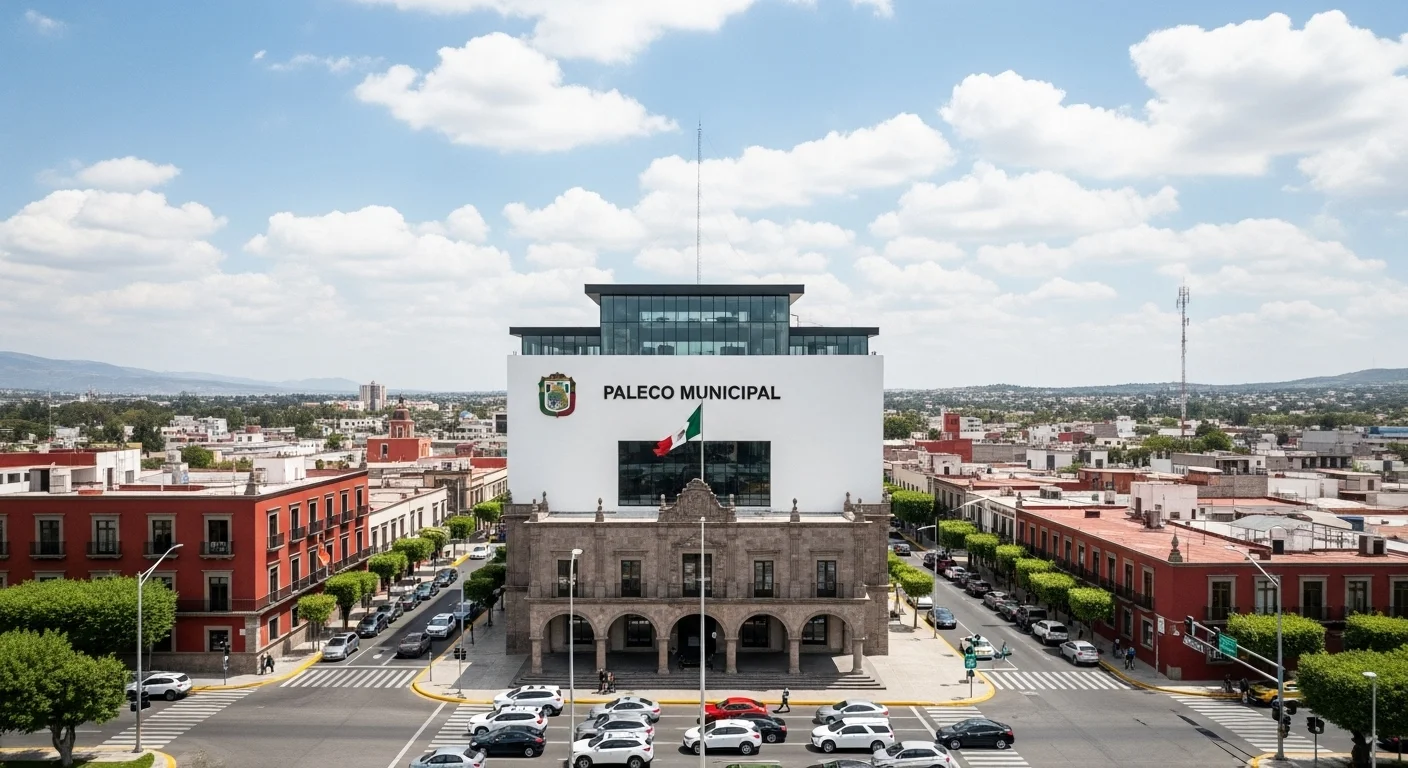 Fachada de un palacio municipal en México, representando el gobierno y la administración de los servicios de tránsito y vialidad.