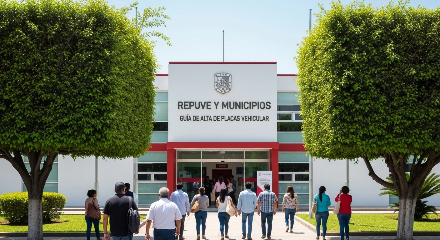 Fachada de un palacio municipal mexicano donde se realizan trámites como el alta en Repuve, con ciudadanos acercándose.