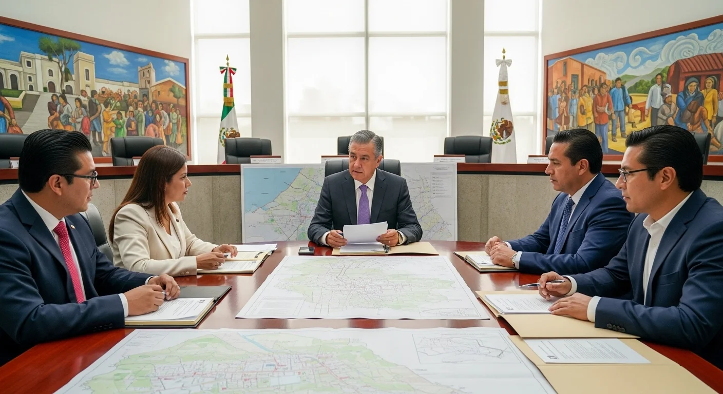 Reunión de un cabildo municipal donde alcalde y regidores discuten el reglamento de tránsito local, con mapas y documentos sobre la mesa, representando la gobernanza municipal.