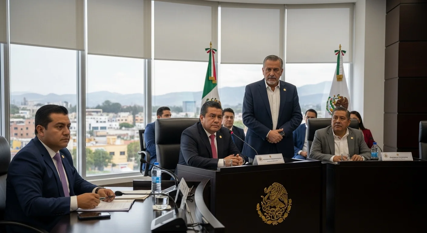 Sesión de cabildo en un ayuntamiento municipal mexicano, donde regidores y el alcalde discuten el nuevo reglamento de tránsito.