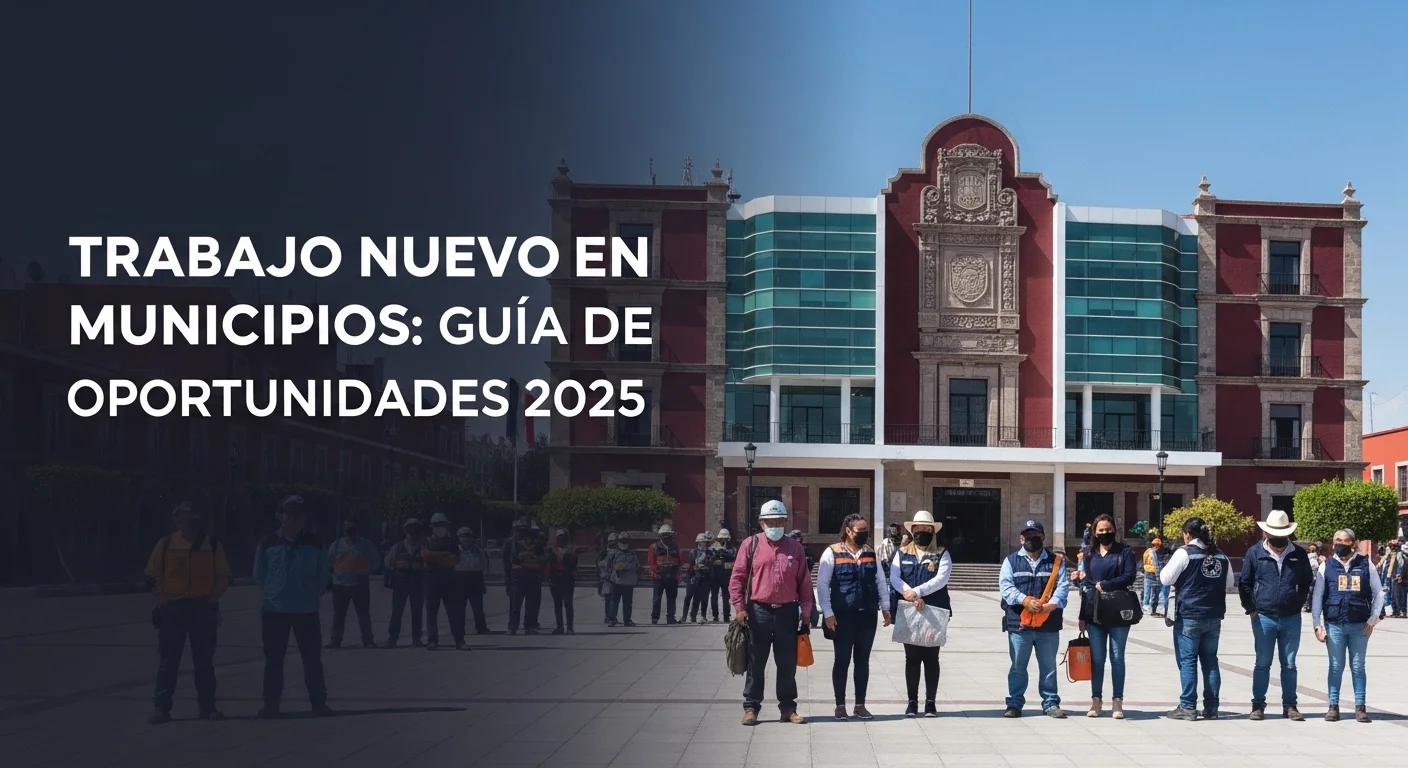 Palacio municipal de un municipio mexicano con ciudadanos al frente, simbolizando la creación de trabajo nuevo y la gestión del ayuntamiento.