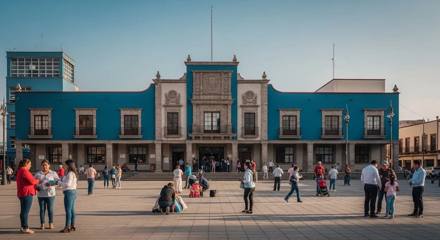 Fachada de un palacio municipal en un municipio de México con actividad petrolera, mostrando ciudadanos y actividad gubernamental.