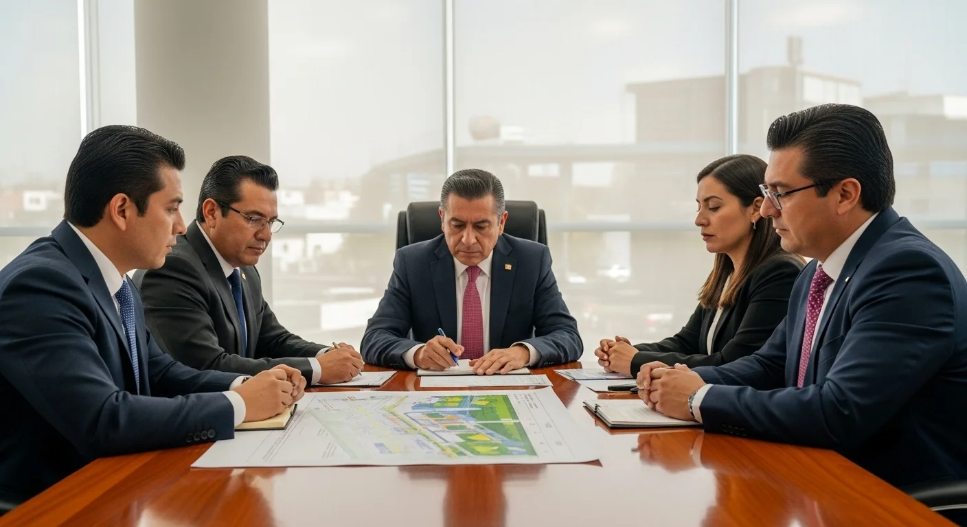 Reunión de un cabildo municipal en México, con el alcalde, regidores y síndicos discutiendo un plano de obras públicas.