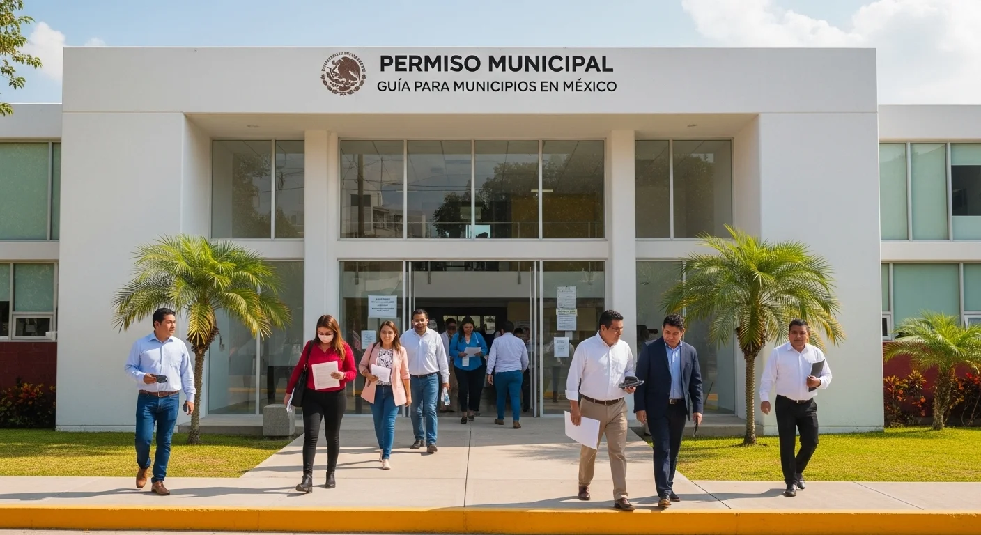 Fachada de un palacio municipal mexicano donde se tramitan permisos municipales, con ciudadanos en la entrada.