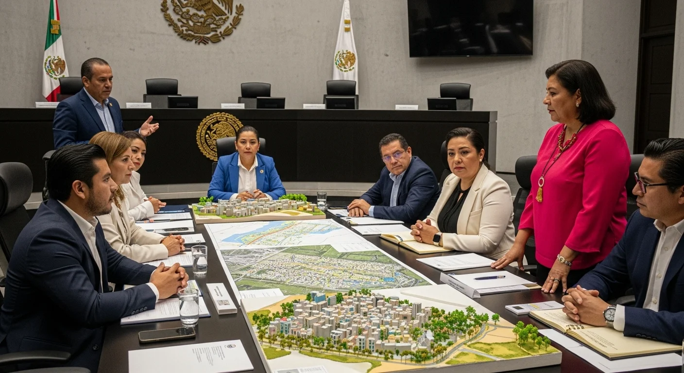 Sesión de un ayuntamiento mexicano discutiendo un plan de desarrollo urbano, con mapas y maquetas sobre la mesa.