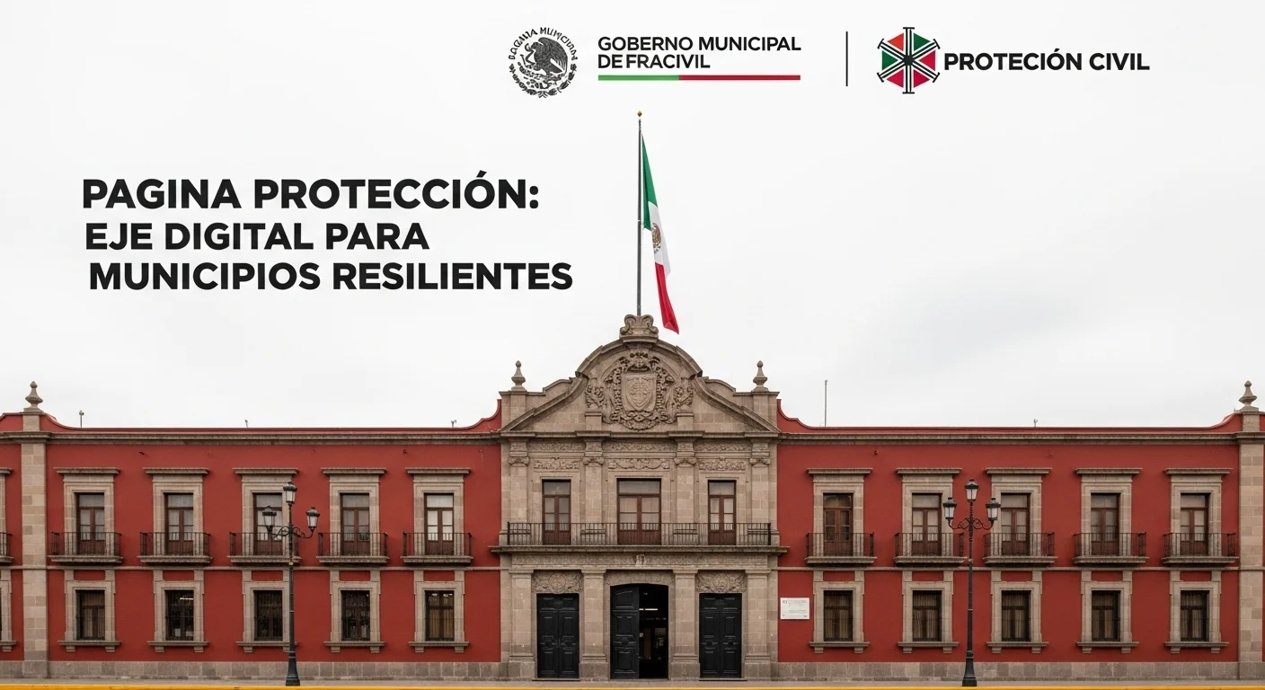 Fachada de un palacio municipal mexicano con logos del ayuntamiento y de protección civil, simbolizando la unión entre gobierno y seguridad ciudadana.