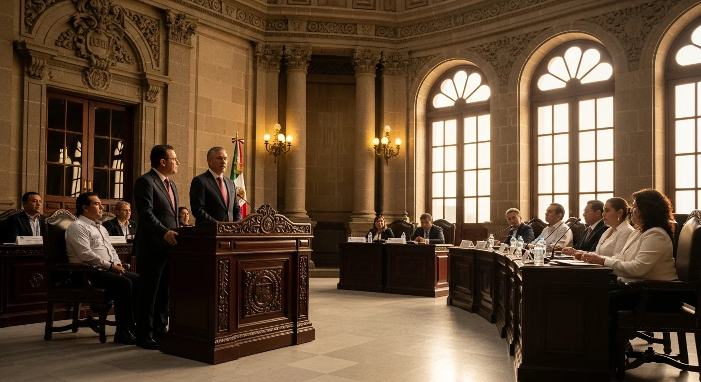 Sesión de cabildo en un ayuntamiento de México donde se discute el presupuesto para Protección Civil, con regidores y alcalde presentes.