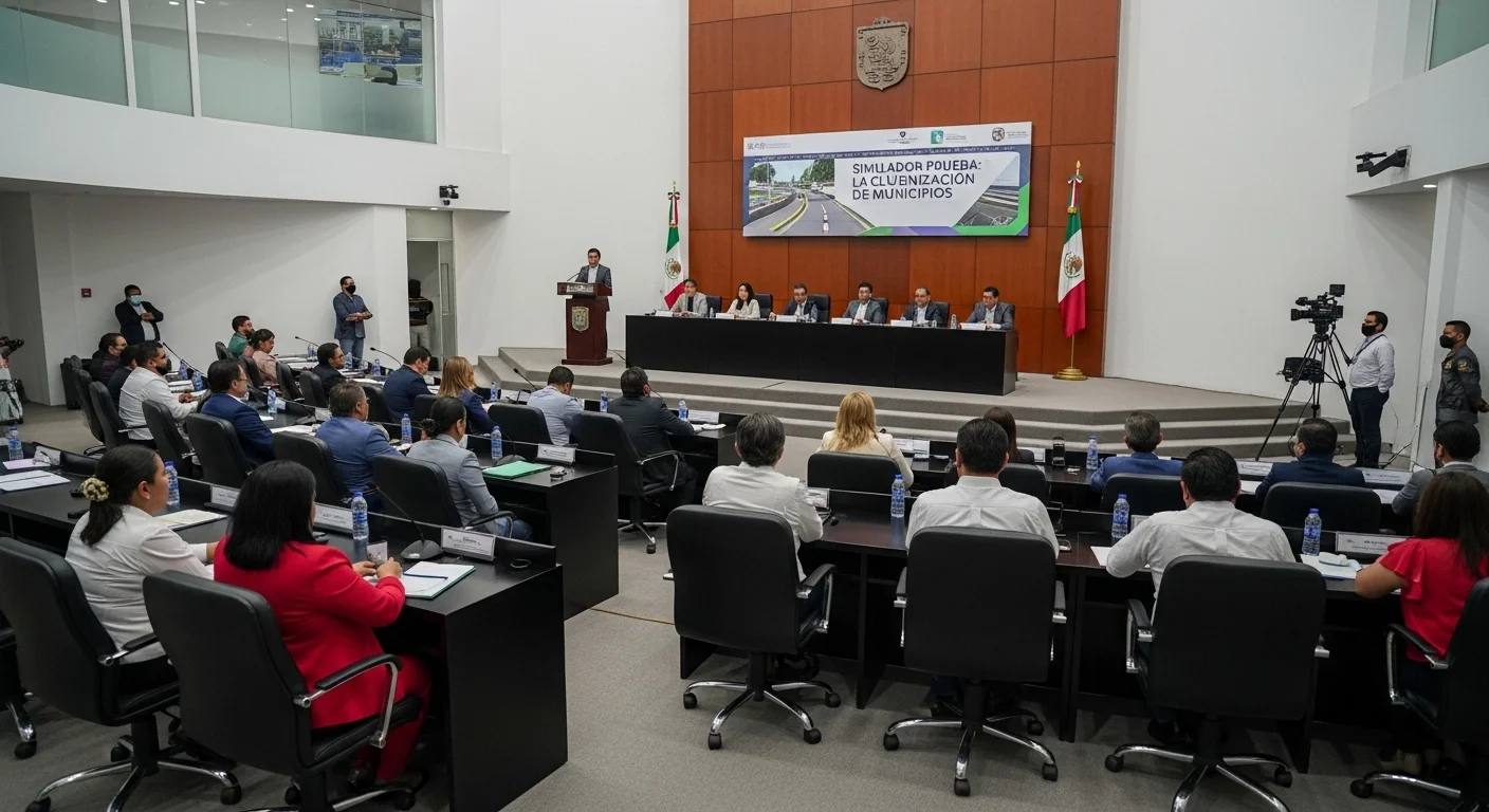 Sesión de cabildo en un ayuntamiento de México, donde alcaldes y regidores discuten la inversión en tecnología para la seguridad vial.