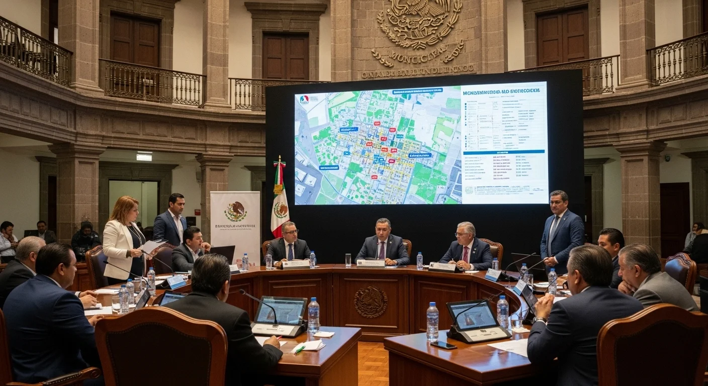 Sesión de cabildo en un ayuntamiento de México donde alcaldes y regidores discuten el presupuesto para infraestructura de protección civil.