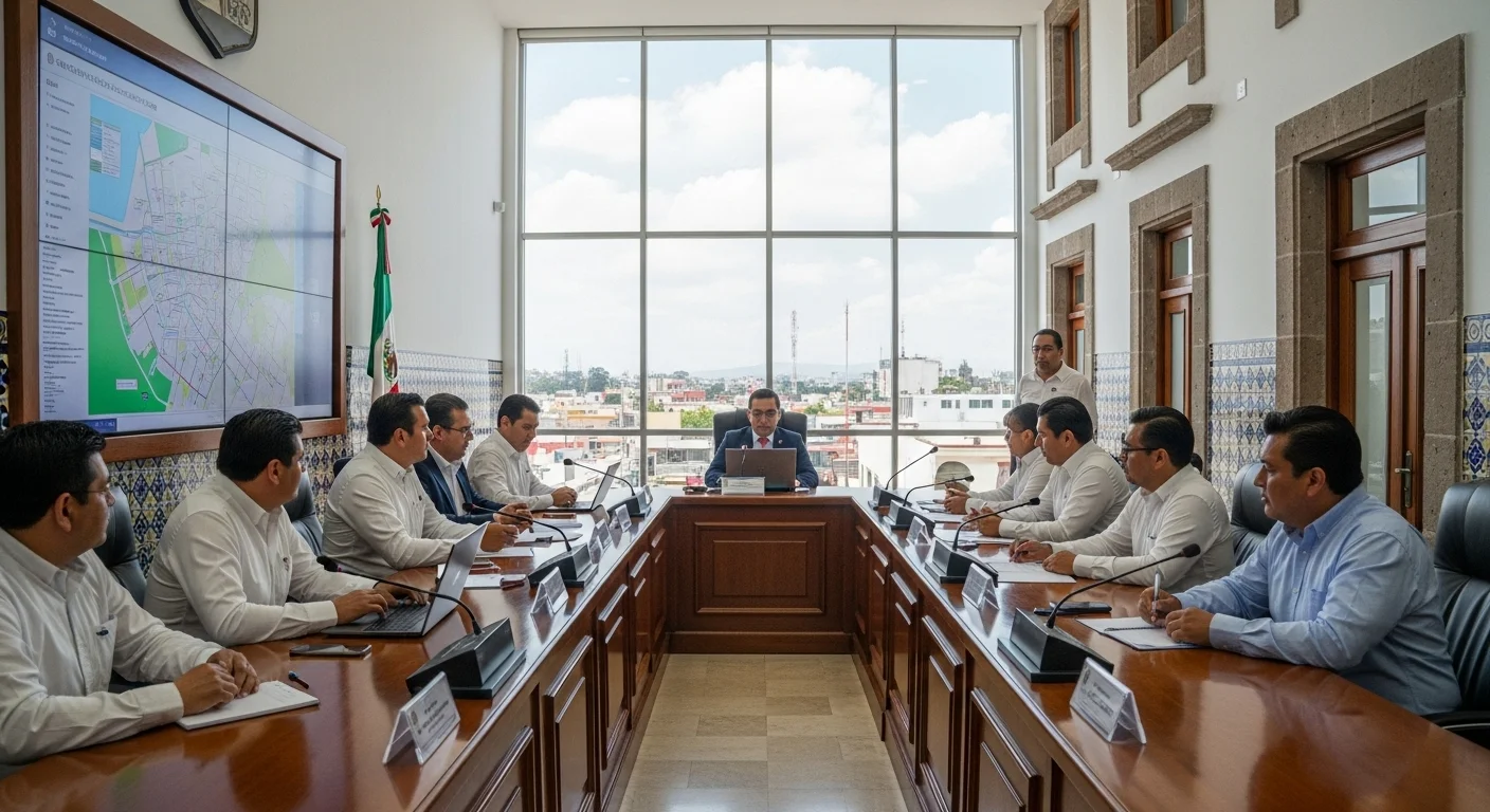 Sesión de cabildo en un ayuntamiento mexicano donde regidores discuten un nuevo reglamento de tránsito para el municipio.