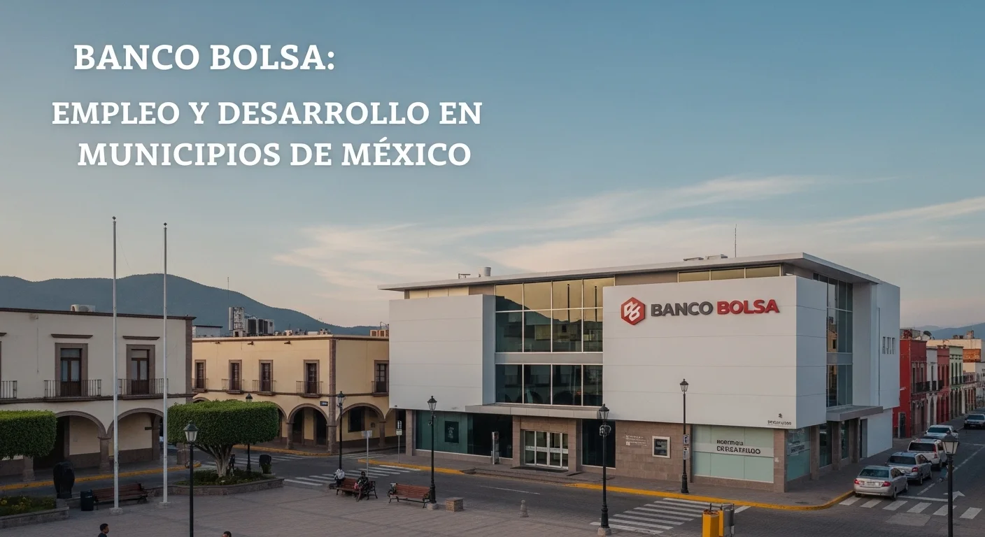 Fachada de un banco en el centro de un municipio mexicano, simbolizando la bolsa de trabajo y el desarrollo económico local.