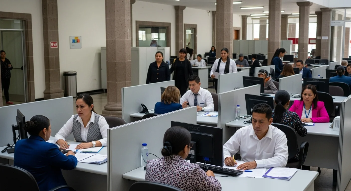 Oficina de una bolsa de empleo en un palacio municipal de México, con ciudadanos siendo atendidos