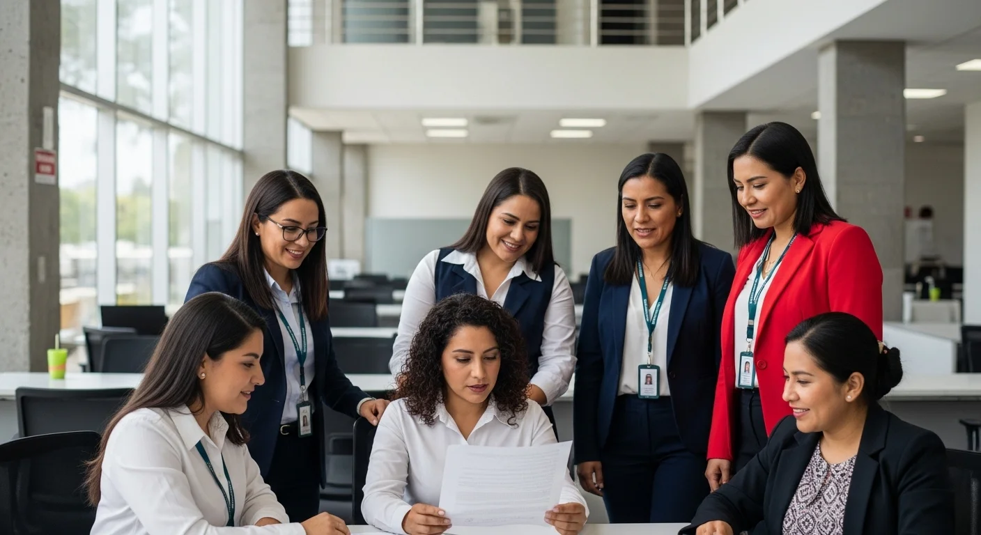 Grupo diverso de mujeres en una oficina municipal revisando una bolsa de trabajo, representando el acceso al empleo para mujeres en México.