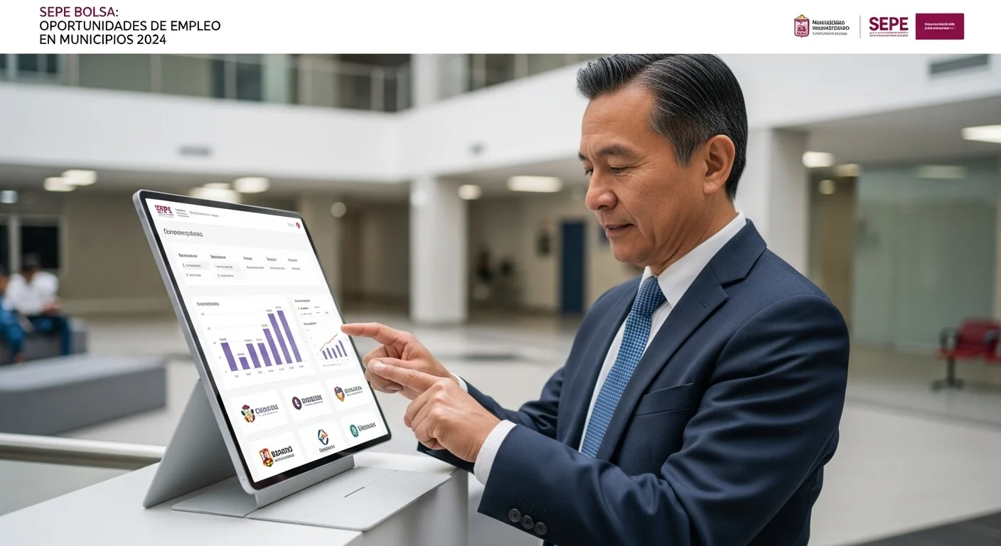 Una persona utilizando una tableta para navegar en un portal de bolsa de trabajo municipal, con gráficos de crecimiento de empleo y logos de empresas locales.