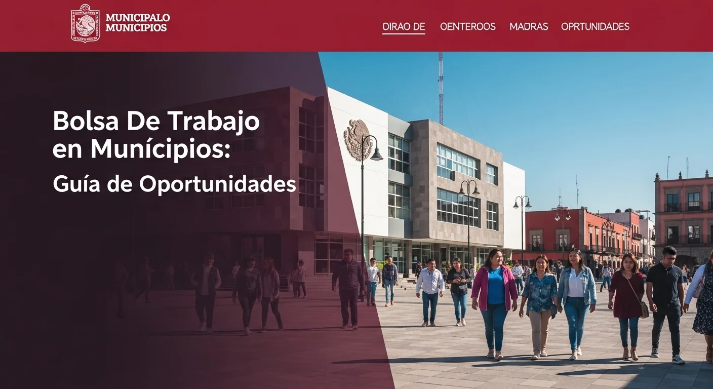 Palacio municipal de una ciudad mexicana con ciudadanos caminando, simbolizando la conexión entre el ayuntamiento y las oportunidades de empleo.