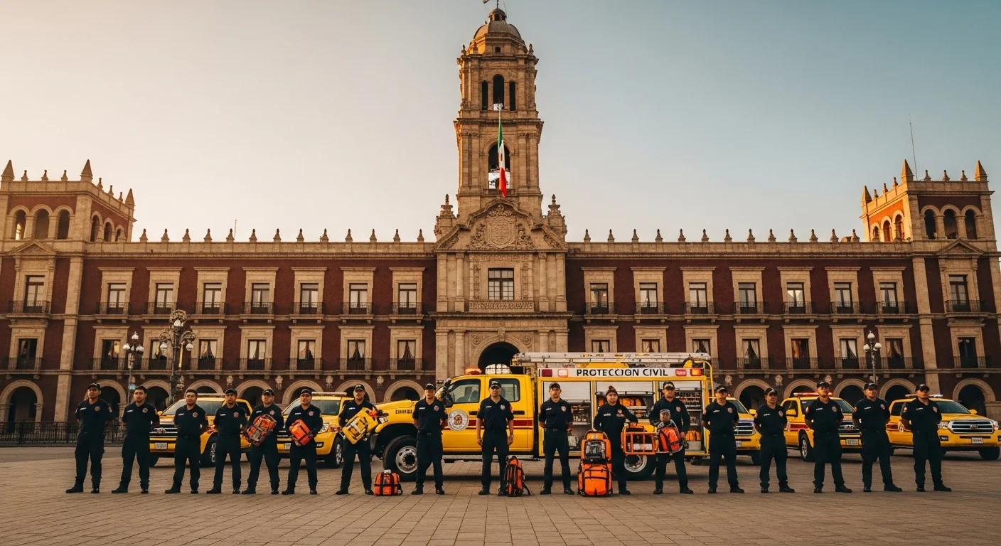 Miembros de diferentes brigadas de protección civil de un municipio mexicano reunidos frente a un palacio municipal, mostrando equipo y unidad.