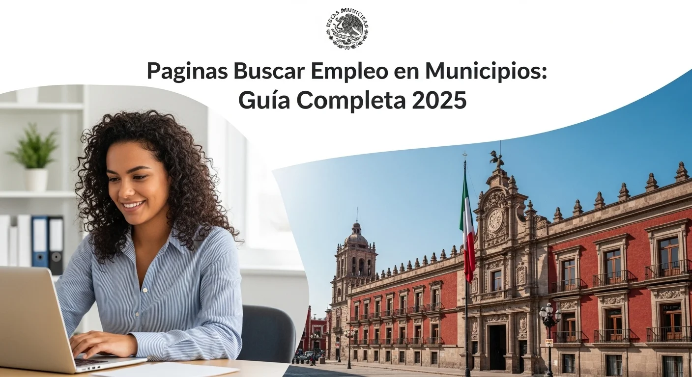 Una persona utilizando una computadora portátil para buscar en paginas de empleo, con el palacio municipal de una ciudad mexicana de fondo.
