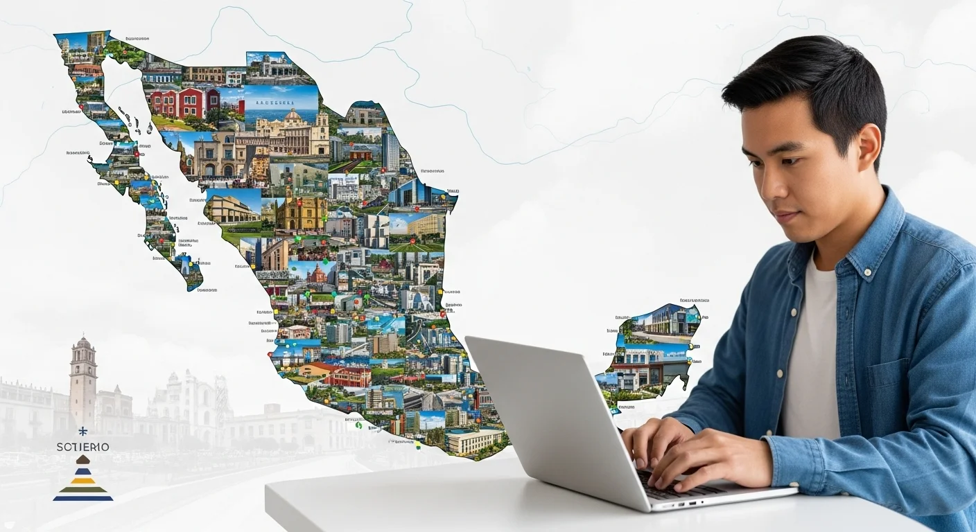 Una persona utilizando una computadora portátil para buscar ofertas de trabajo online, con un mapa de municipios de México en el fondo.
