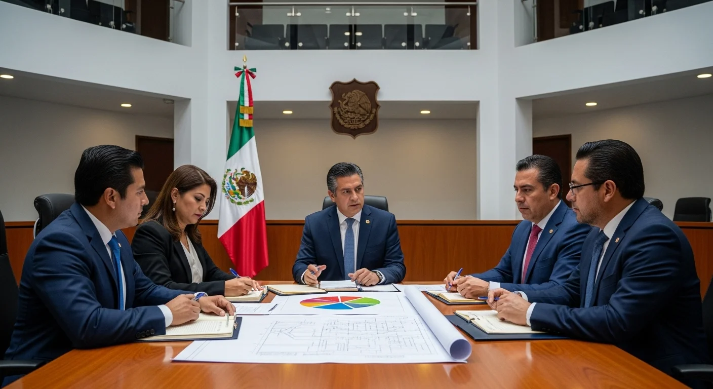 Sesión de cabildo en un ayuntamiento mexicano, con el alcalde, regidores y síndicos discutiendo sobre infraestructura y reglamentos municipales.